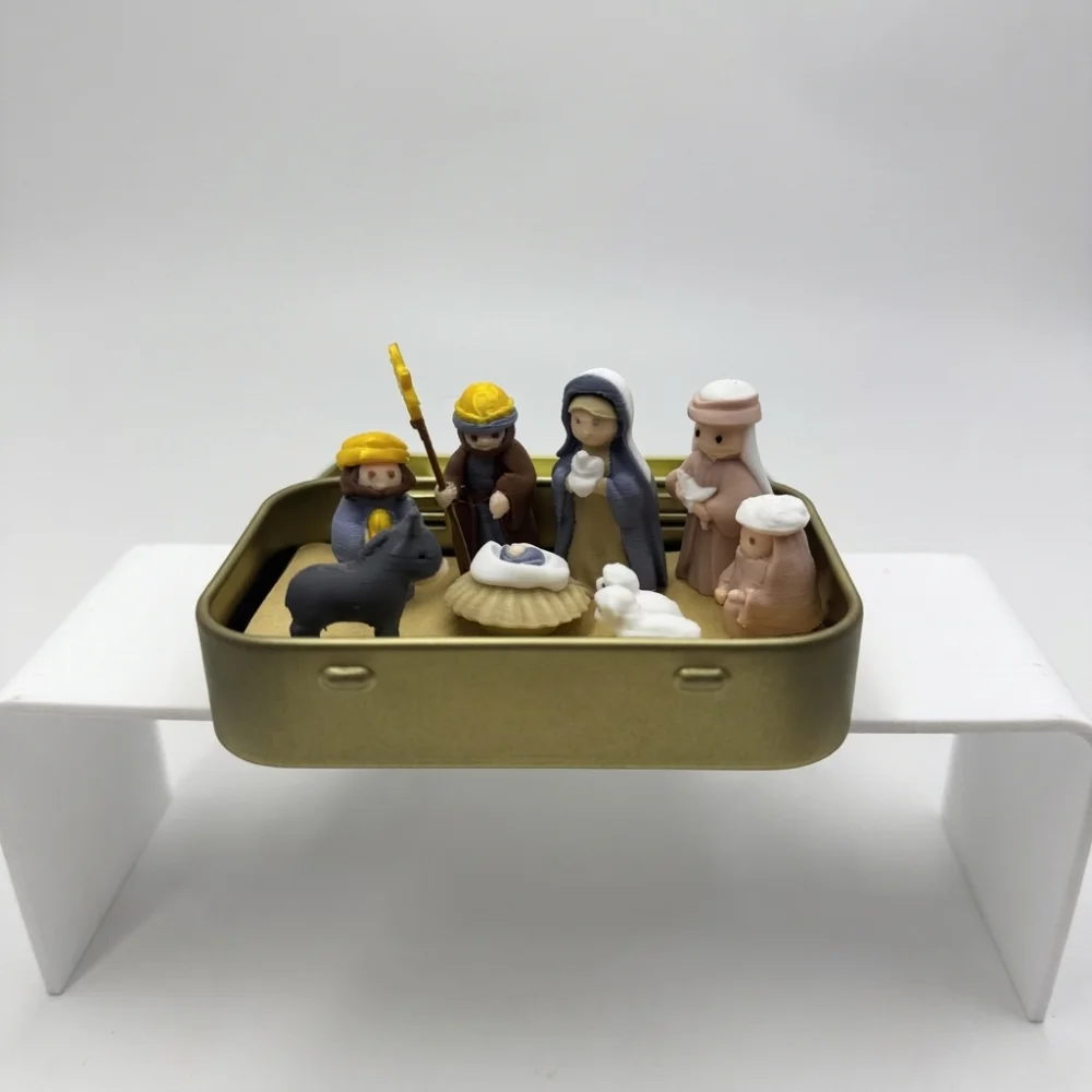 Metal Tin Box Mini Christmas Trough Set Holy Family Hand Painted Nativity Manger Scene Kit Shepherd Animal 3D Printed