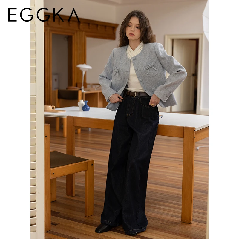 EGGKA Bow Pockets Designer Short Coats Women Autumn Winter New Elegant Jackets Korean Style Classy Coat Lady Commute Outerwear