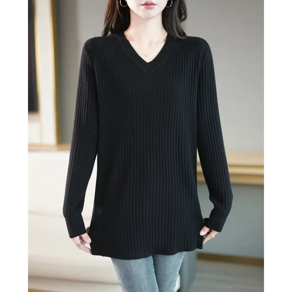 NEW Spring Autumn Large Size Knitted Sweater Women\'s Casual Loose V-Neck Long Knitwear Loose Solid Stretch Female Jumper Top 5XL