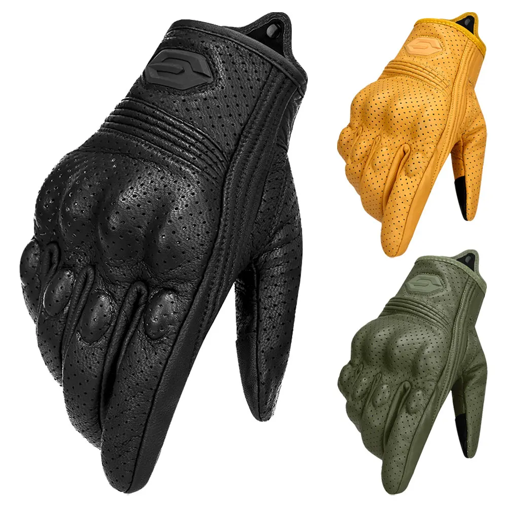 

​Retro Style Leather Motorcycle Gloves Summer Breathable Unisex Biker Gloves With Anti-Slip Ventilation Motorbike Ride Gloves