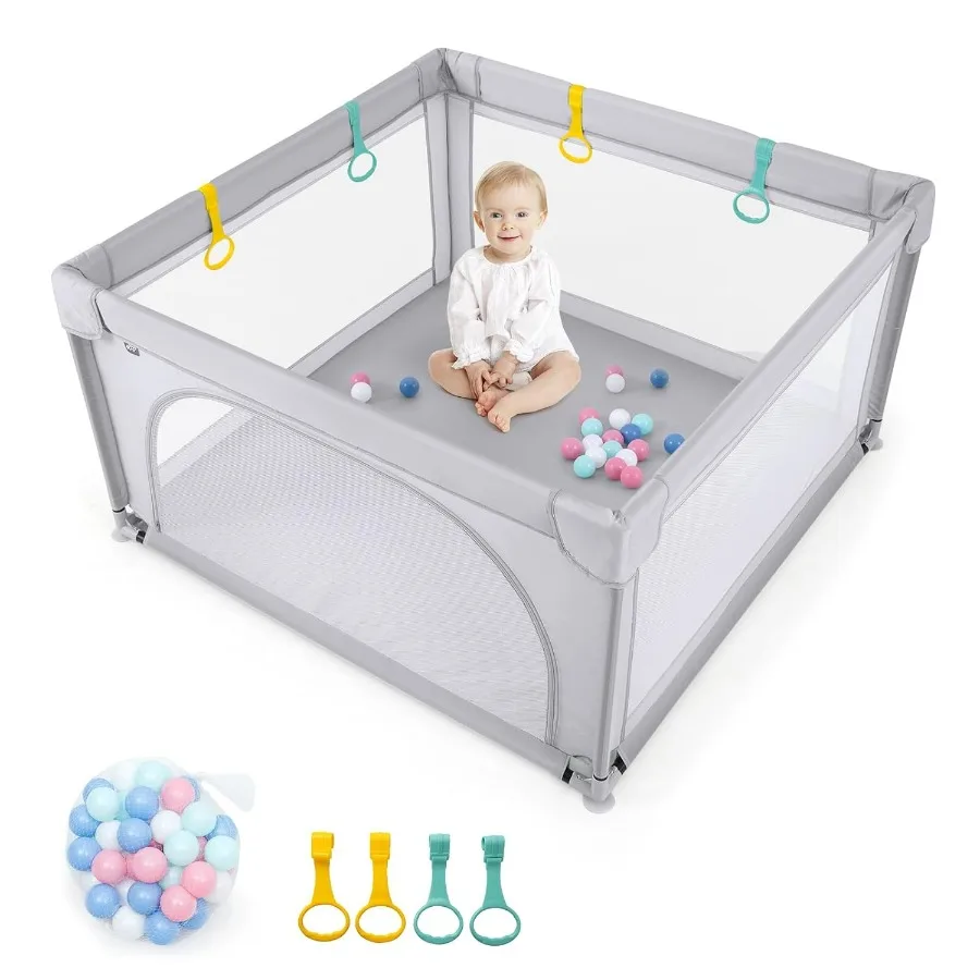 Cercadinho para bebês Extra Grande Playard para bebês com 50 bolas oceânicas Portões de segurança infantis com ventosas antiderrapantes Cercas com respirável