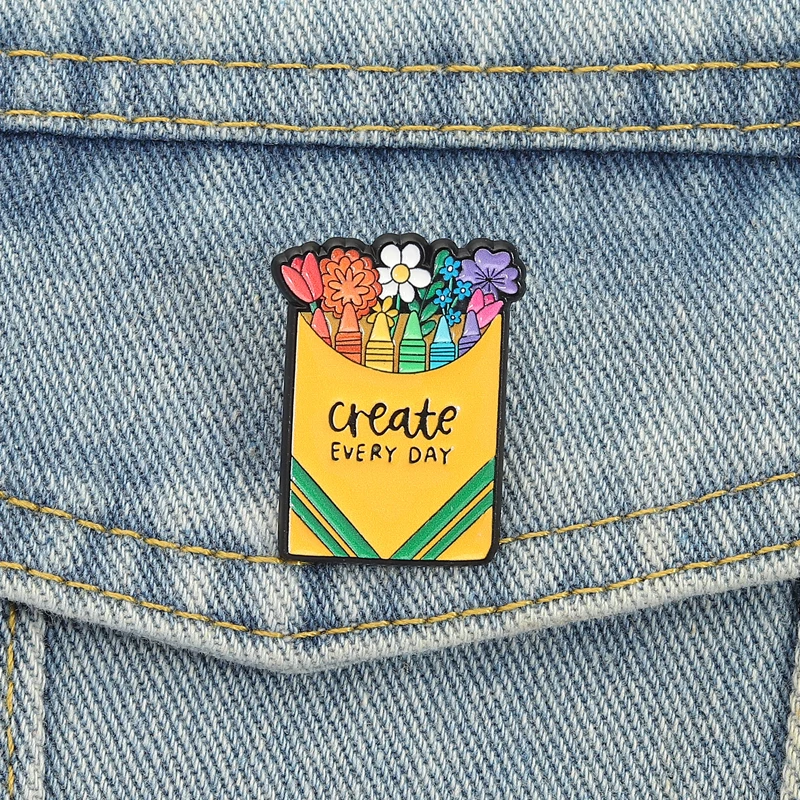 Creat Every Day Enamel Pins Colorful Crayons Brooches Lapel Badges Cartoon Floral Cute Clothes Jewelry Gift for Friends