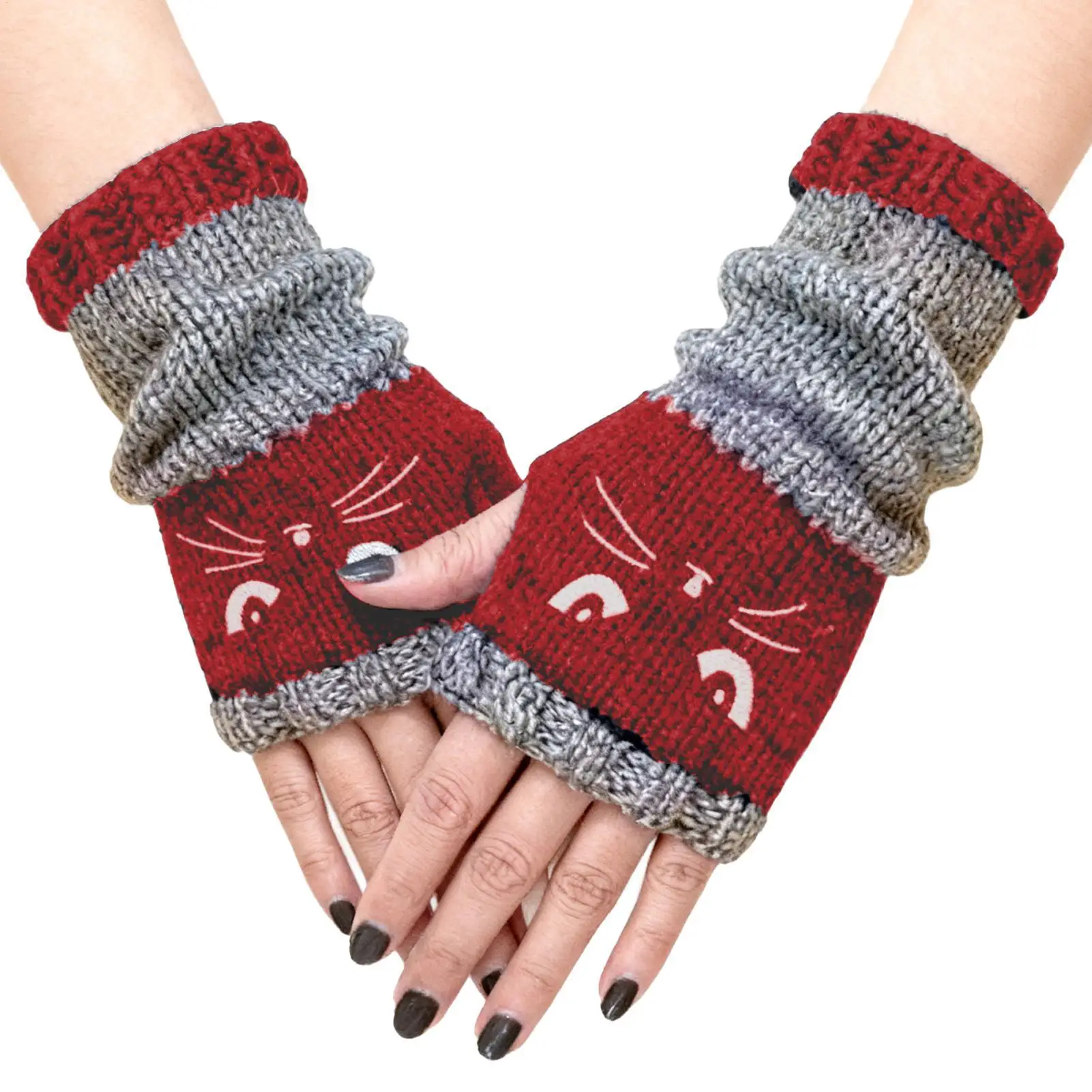 

Knit Fingerless Gloves Cat Embroidery Outdoor Warming Supplies Warm Open Finger Gloves for Cat Lovers Women Girls Ladies Mothers
