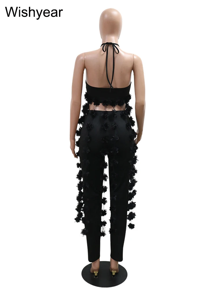 New In Pencil Pants and Flower Tassel Halter Crop Top Two Pieces Women Birthday Outfits White Sexy Party Nightclub Matching Sets