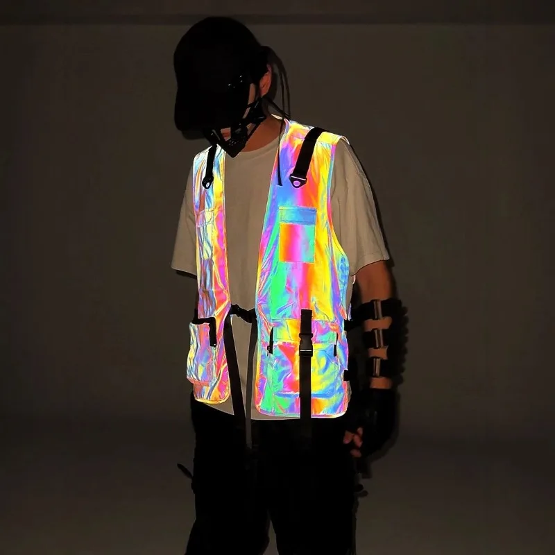 متعددة جيب سترة عاكسة رجالي Techwear سترة كبيرة الحجم فائدة سترة ملونة في الهواء الطلق الدراجات والعتاد المشي لمسافات طويلة البضائع تسخير