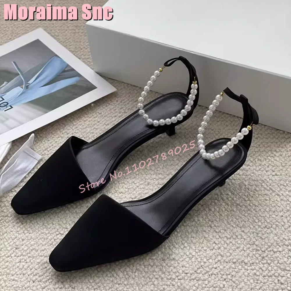 

Sexy Elegant Pearl String Bead Satin Sandals Pointed Toe Ankle Strap Thin Low Heel Black Solid Women's Shoes Summer 2024 Newest
