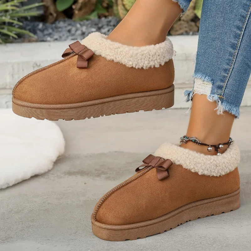 

Женские ботинки 2024, теплая нескользящая шерстяная хлопковая обувь на платформе с высоким бантом и флисом, новые короткие зимние ботинки