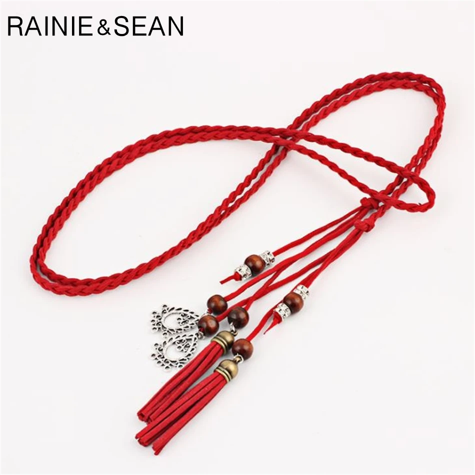 RAINIE SEAN Braided Belt For Women Pu Leather Ladies Belts For Dresses Tassel Beaded Boho Fashion Summer Belt Women 170cm