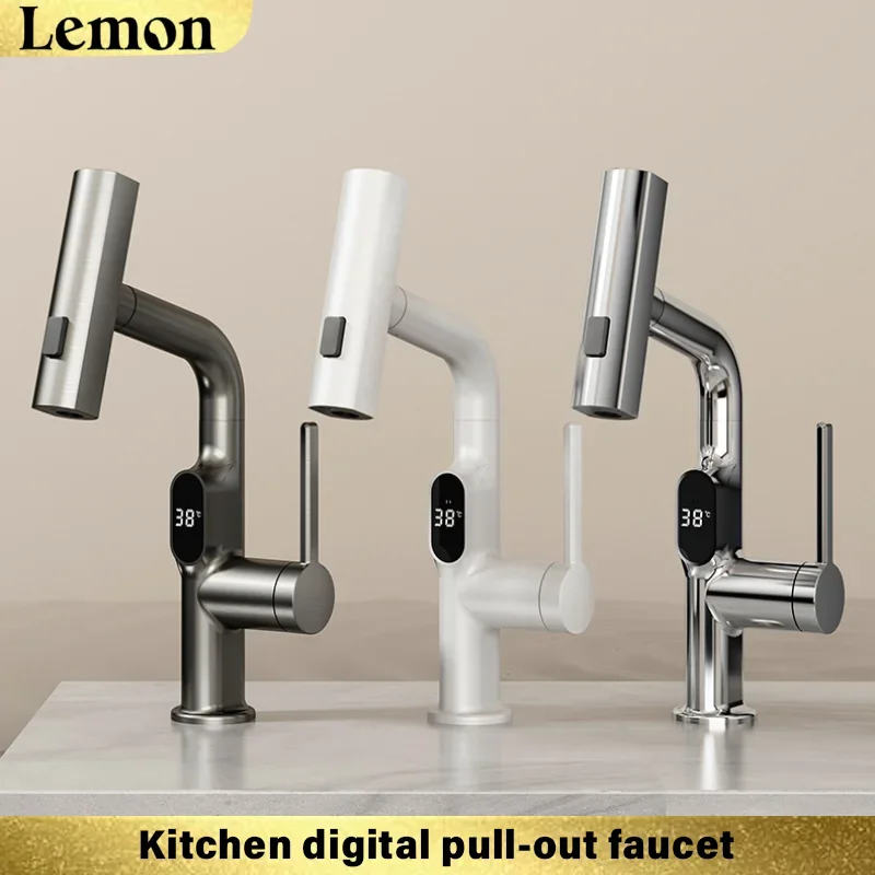 

Digital Display Kitchen Faucet Hot And Cold Pull-Out Rotatable Multi-Functional Sink Faucet Hydroelectric Power LED Faucet
