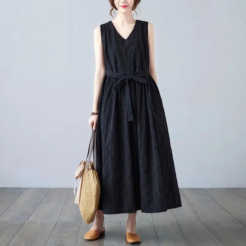 

Suspended Long Dress Summer Cotton Linen A-Line Jacquard Large size V-Neck Sleeveless Linen Dress Vest Female Lace Up Robe Z1841