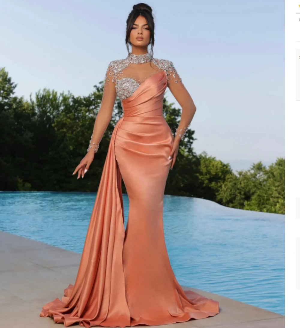 Vestido de noche de sirena de Coral elegante, vestido de fiesta de graduación con cuentas de cuello alto, ilusión de manga larga, plisado, largo