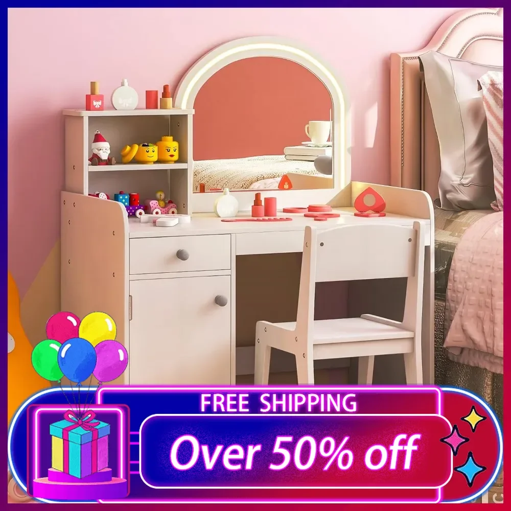 

Kids Vanity with Lights, 2 in 1 Princess Makeup Desk & Chair Set with Lighted Mirror, Drawer, Storage Shelves & Cabinet