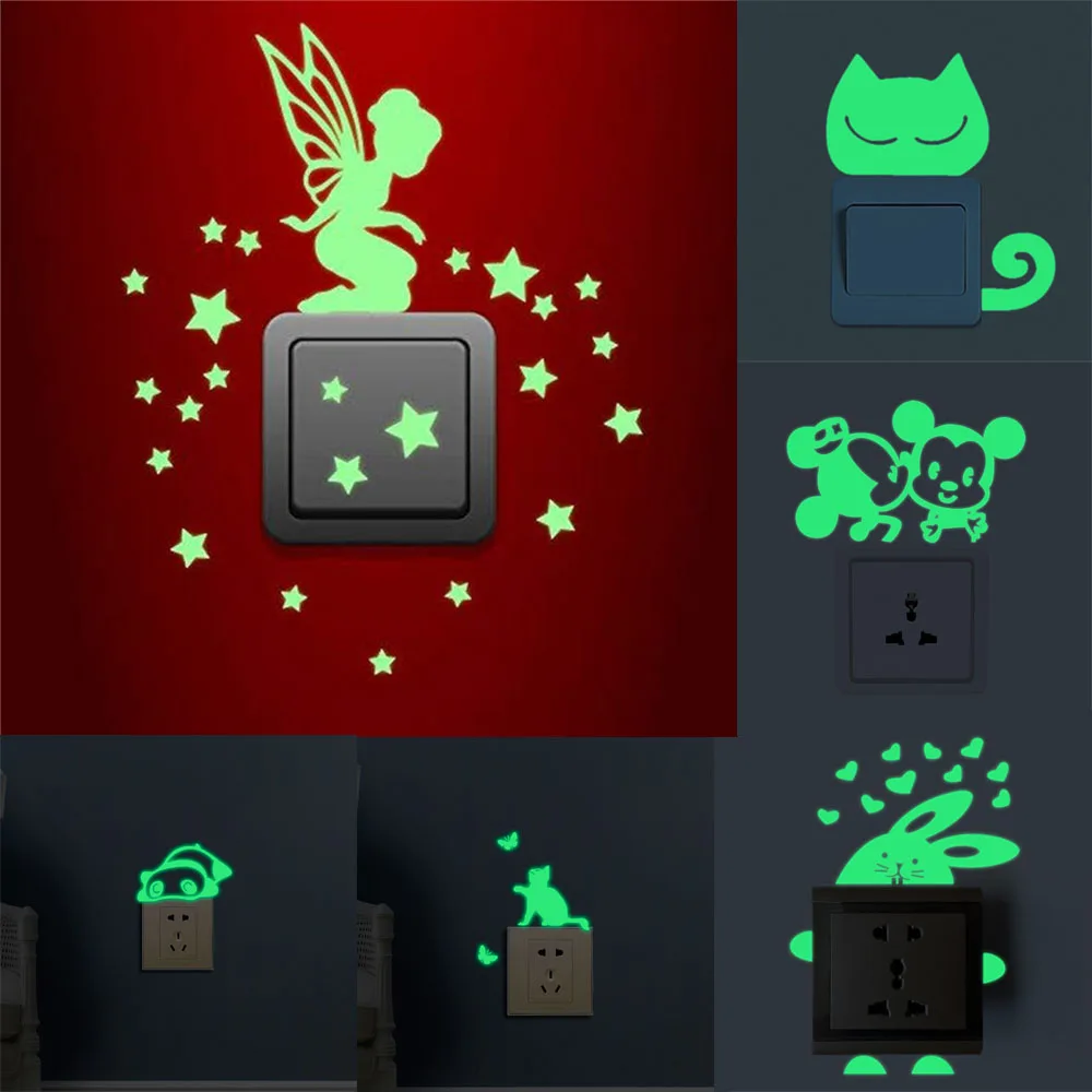 cartoon luminous animal switch sticker glow in the dark wall stickers for kids room home decor cat fairy moon star decals