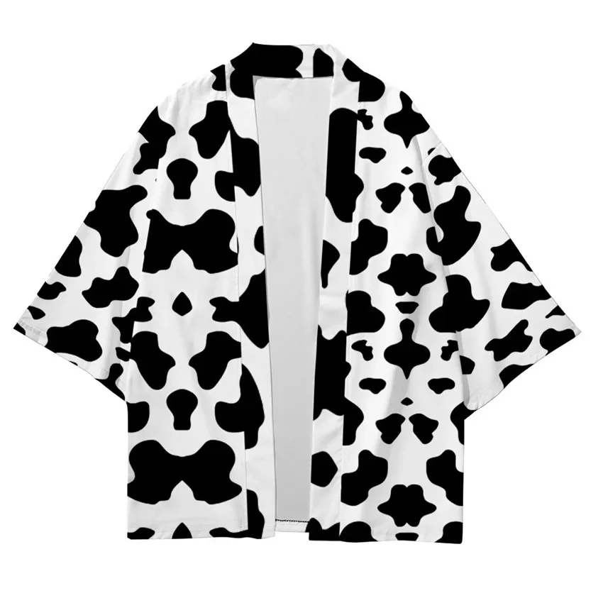

Black and white ox-patterned Japanese Haori kimono men's and women's woolen sweaters traditional Japanese clothing shirt top