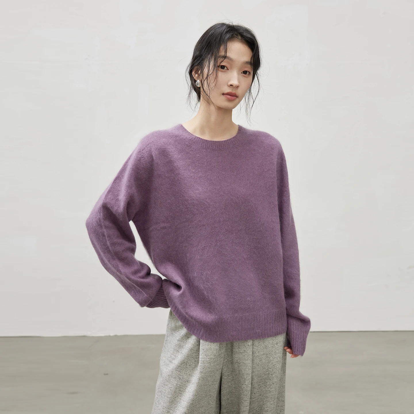 

Фиолетовый шерстяной вязаный свитер с круглым вырезом, женский осенне-зимний модный универсальный теплый пуловер с длинными рукавами SUPMWOS 2025