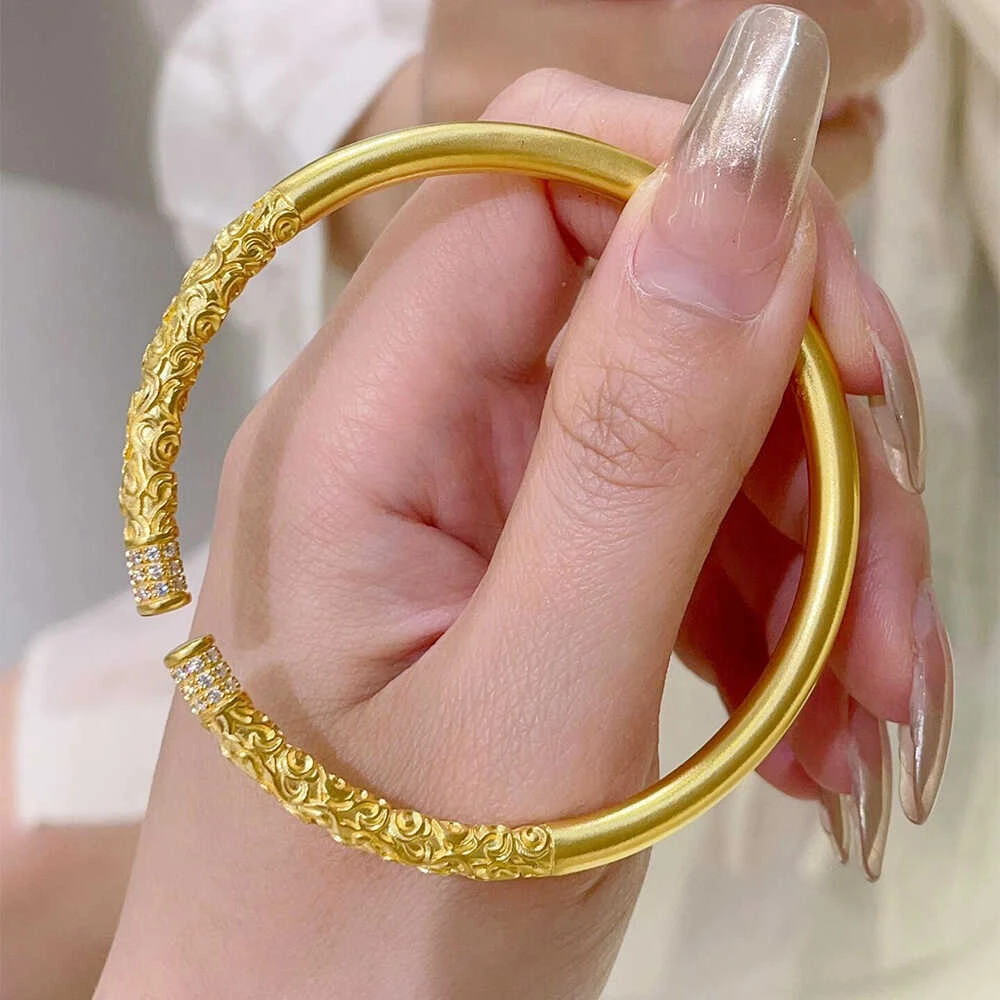 AU999 24K Solid Unisex Vintage Auspicious Cloud Zircon Open Round Gold Bangle Couple Chinese Wedding Valentine Jewelry Gift