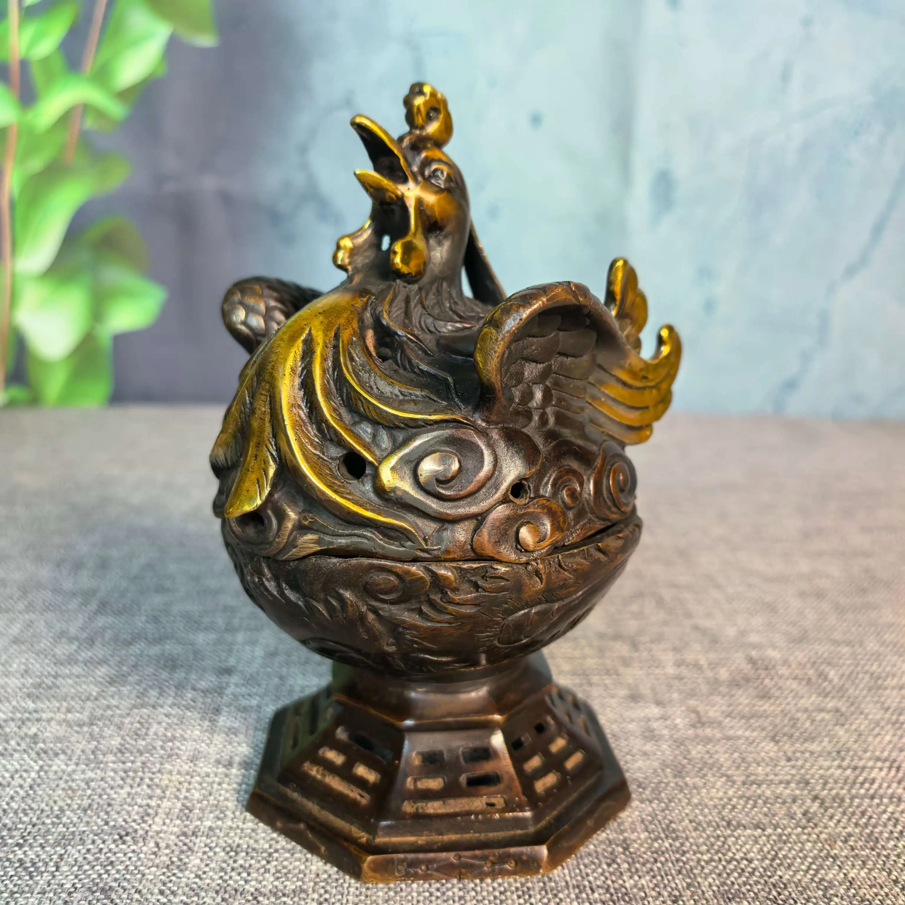 Rare Old  copper bird Eight Trigrams Furnace statue,free shipping