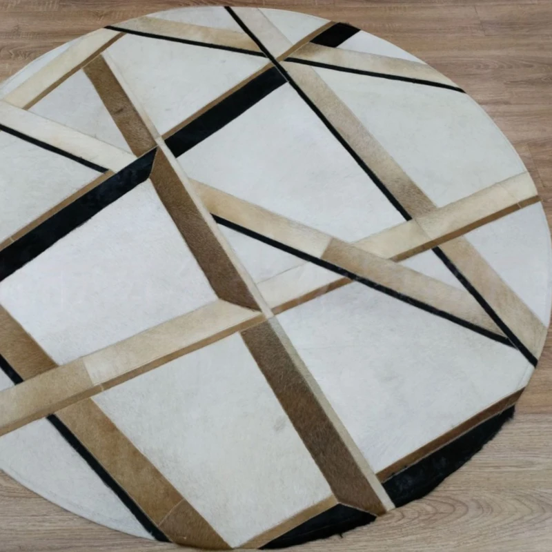 Real Cowhide Round Carpet Living Room Soft Kid Room Round Floor Rug Decor Handmade Simple Geometry Home Area Rug Bedroom Bedside