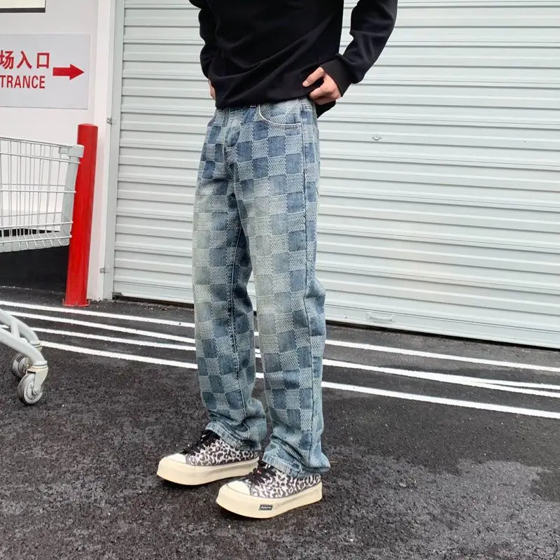 Blue Washed Loose Straight Men's Plaid Printed Jeans Casual High Street Vintage Y2k Pants Stock Jeans Trousers for Men