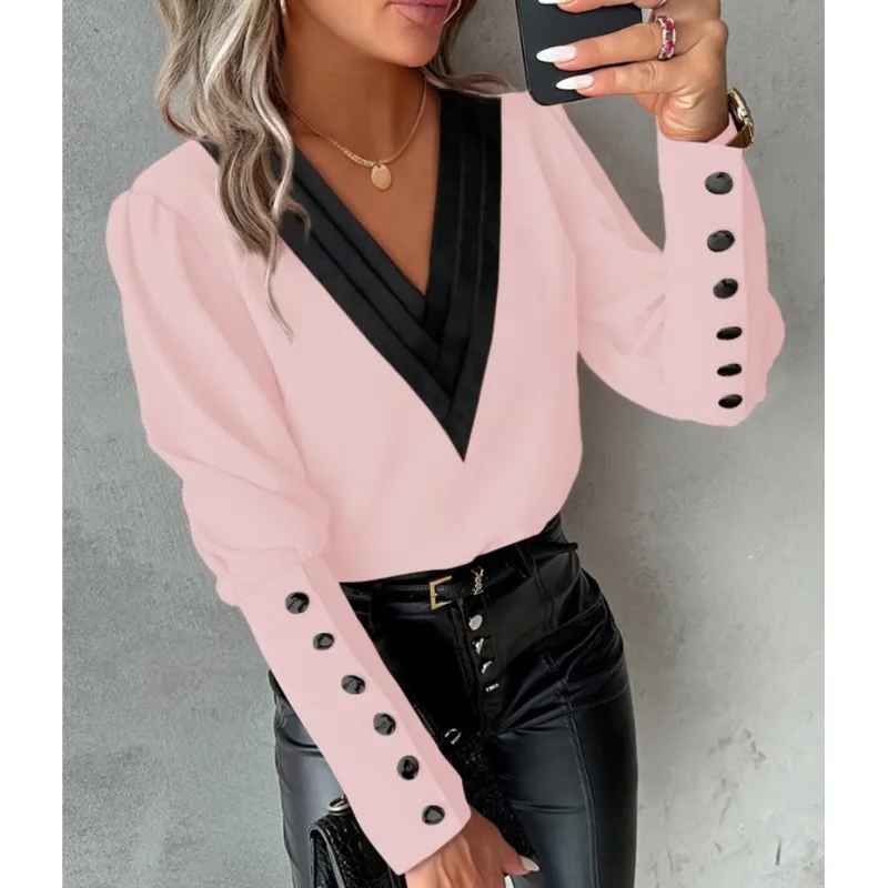 Elegant Offce Lady Blouses For Women Autumn Fashion V Neck Solid Color Long Sleeve Button Up Women's Shirt Top 2024 White Blouse