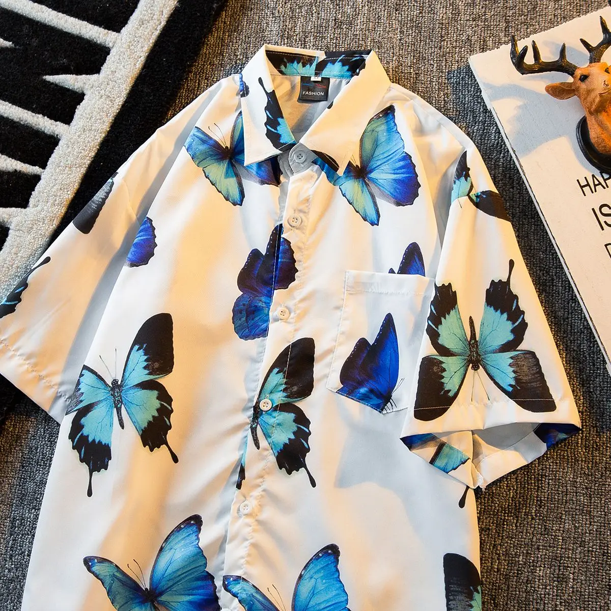 Men's new summer floral shirt men's high-end butterfly printed loose fitting shirt shirts for men