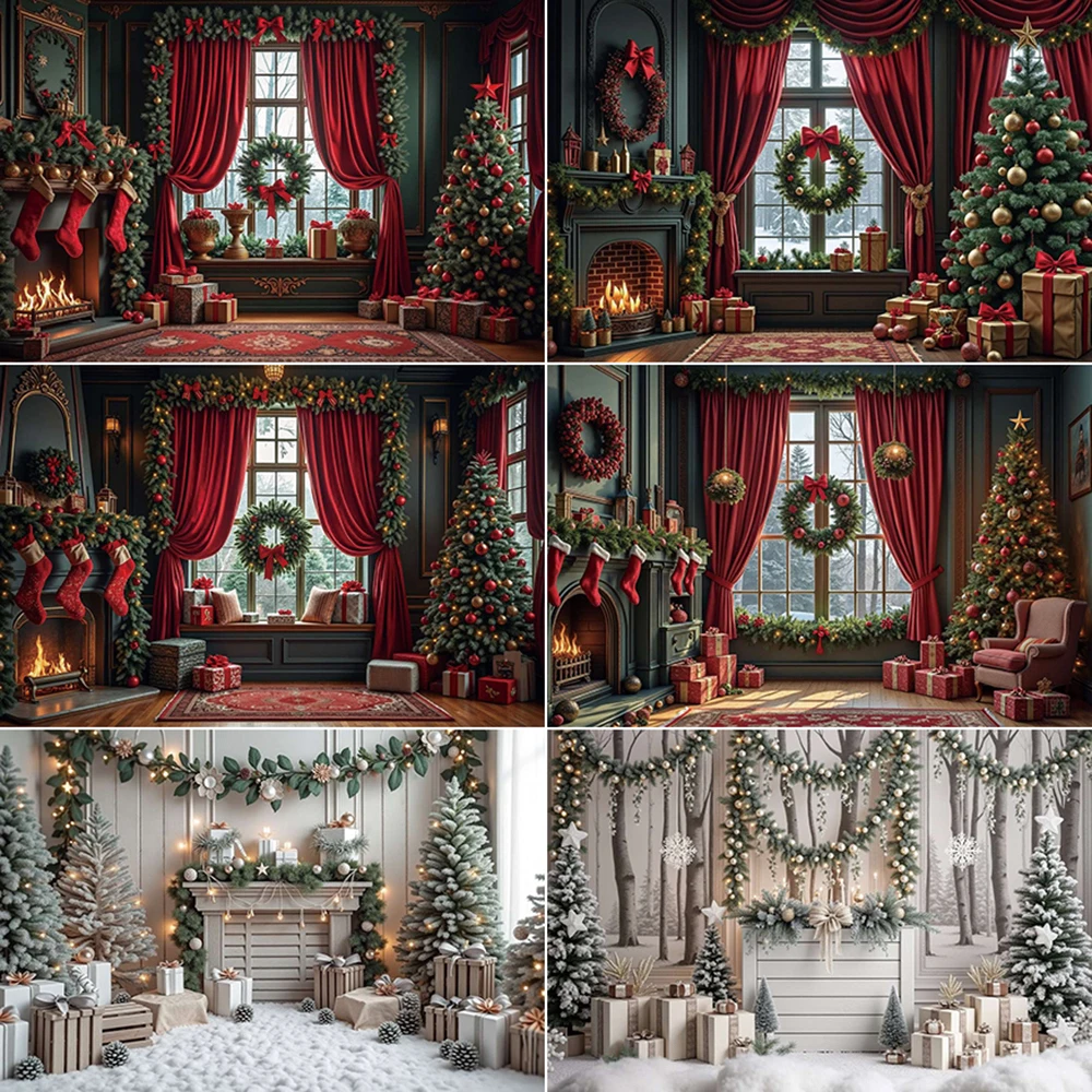 

MOON.QG Snow Christmas Pine Balls Trees Curtains Background Photography Wreath Window Door Backdrop Photozone Studio Accessories