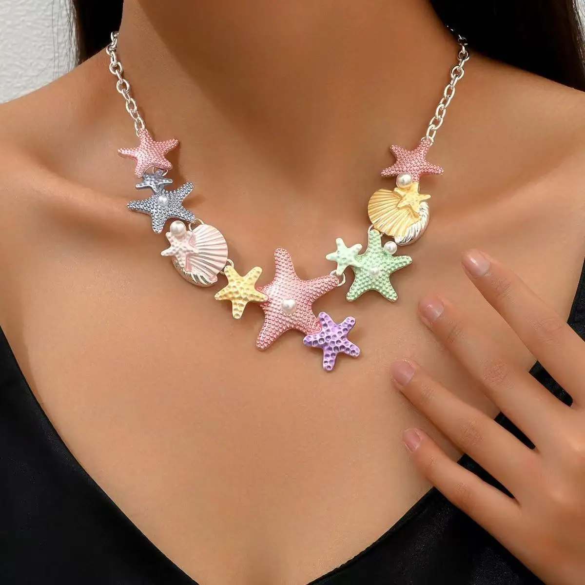 

European and American Star Shell Long Necklace Women's Versatile High-end Pearl Dripping Oil Collarbone Chain Necklace