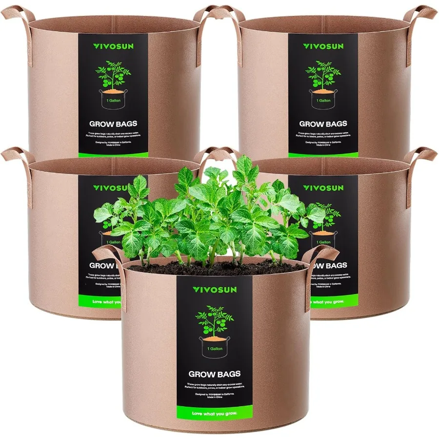

5Pack 1 Gallons Grow Bags Heavy Duty Thickened Nonwoven Fabric Pots with Strap Handles Tan