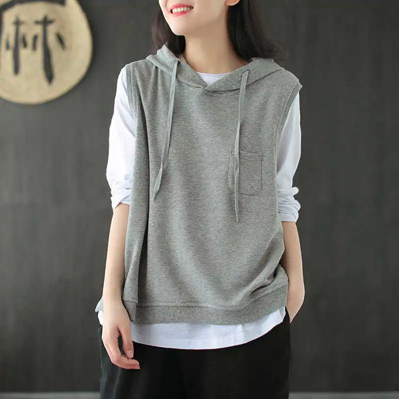 

Hooded Cotton Vest Women's Spring and Autumn New Loose Age Reduction Casual Versatile Sleeveless Thin Top Women's Outer Wear