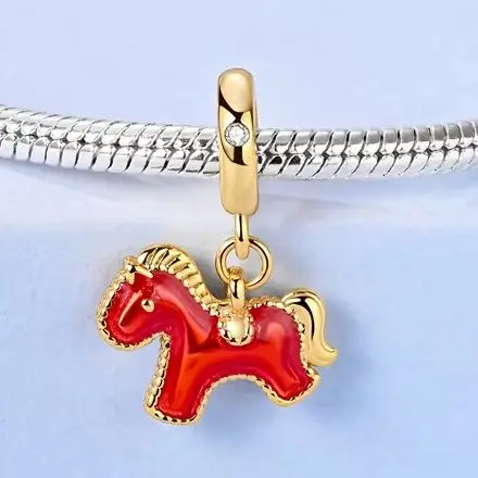 

925 Silver Charm Gold Red Color Horse Fit Bracelet Diy Original Pendant For Woman Jewelry