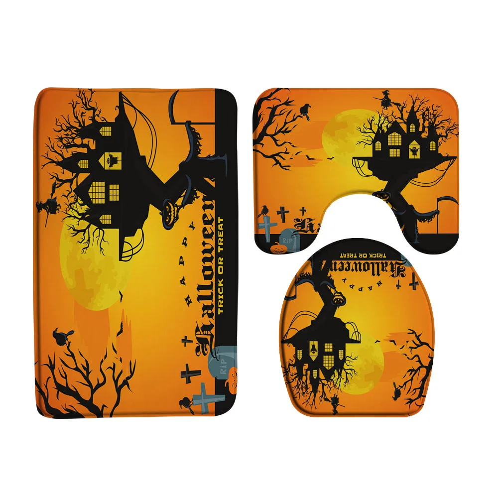 Bathroom Rug Sets 3Pcs Non-Slip Halloween Pumpkin Castle Bat Witch Moon Bath Mats U Shape Flannel Floor Carpet Toilet Lid Cover