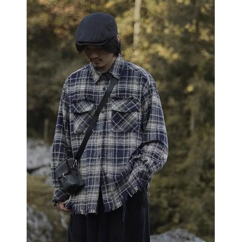 

Retro Japanese Sle Thiened Plaid Long Sve irt Casual Loose Men's Outerwear Coat Youth Faion Autumn Season