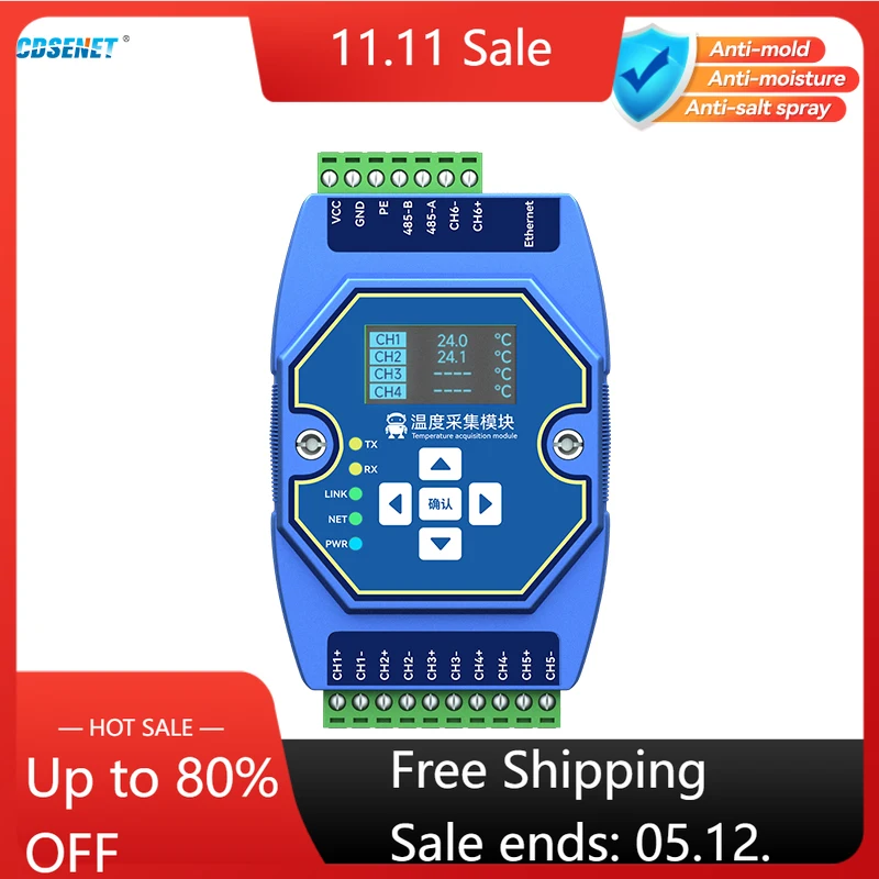 Temperature Acquisition Multi Way RS485 Ethernet CDSENET ME31-XEXX0600 6 Way Type K Modbus Gateway Watchdog DNS Industrial