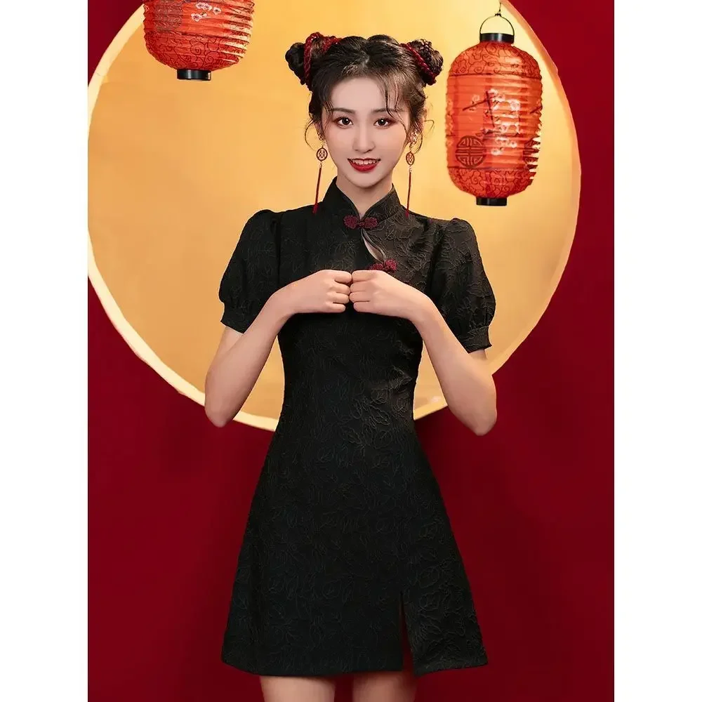 

Vintage Old Shanghai Dragon&Phoenix Qipao Elegant Women Cheongsam Collar Sexy Short Chinese Dress Vestidos