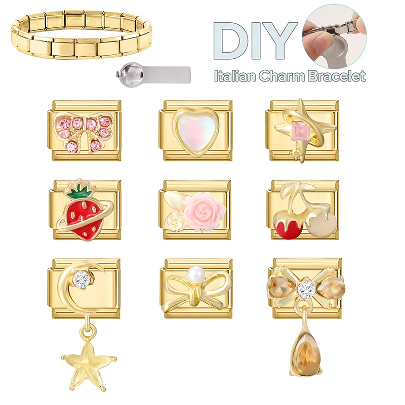 Gold Color Zircon Star Bow Knot Strawberry Cherry Italian Charm Links Fit 9mm Bracelet Stainless Steel Men Women DIY Making Gift