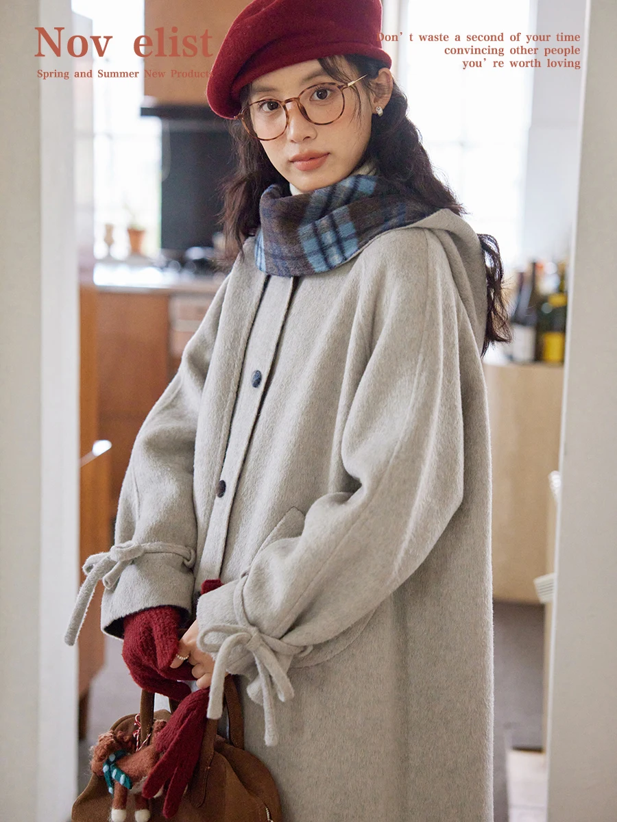 

Двустороннее шерстяное пальто Nov Et со съемным шарфом, длинная зимняя верхняя одежда ручной работы для женщин Ele Vintage Sle