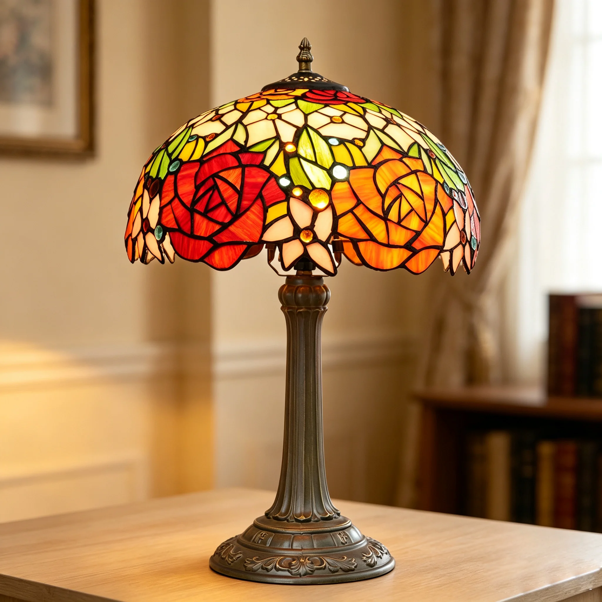 Tiffany Style Stained Glass Table Lamp American Rose Bedroom Bedside Table Lamps Living Room Dining Room Office Decor Desk lamp