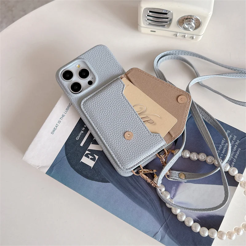 

Fashionable lychee leather strap crossbody bag with wallet phone case For iPhone 15 14 13 12 11 anti drop lens complete set