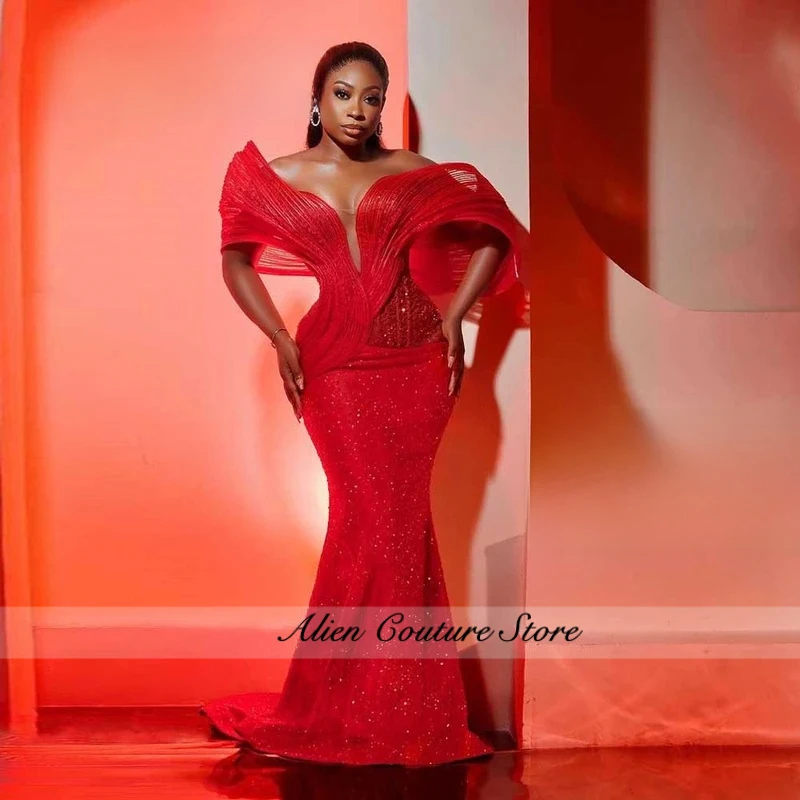 Impressive Red Beads Aso Ebi Evening Dresses 2026 Ruched Off The Shoulder African Lace Up Mermaid Wedding Party Dress Customized