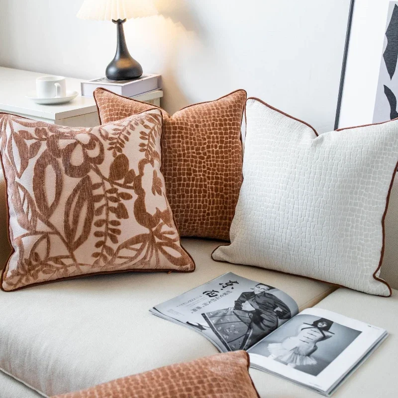Nordic Luxury Chenille Pillow Cover Coffee Brown Texture Jacquard Cushion Case for Modern Sofa Home Decor Throw Pillow Cover