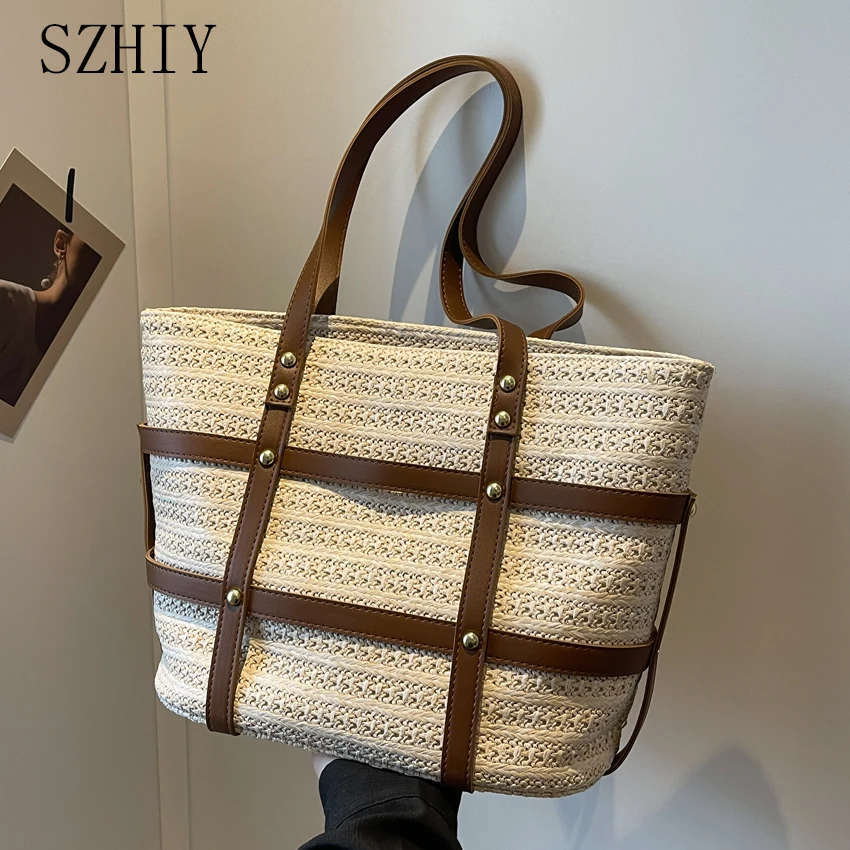 

Grass Woven Shoulder Bag for Women Large Capacity Tote Bag Personalized Fashion Vacation Bag with Bohemian Designer Handbag New