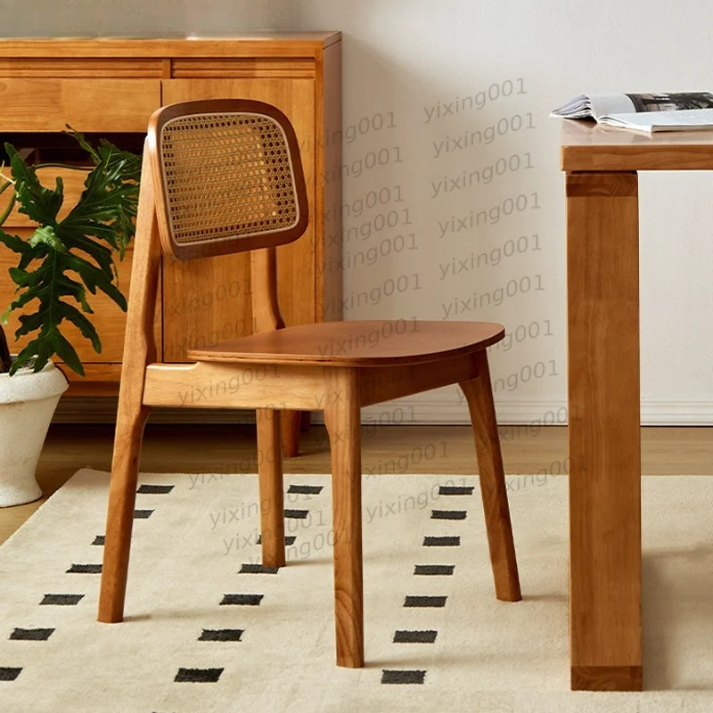 Solid Wood Dining Chair Retro Rattan Backrest Simple Chair for Home Restaurant Commercial Use