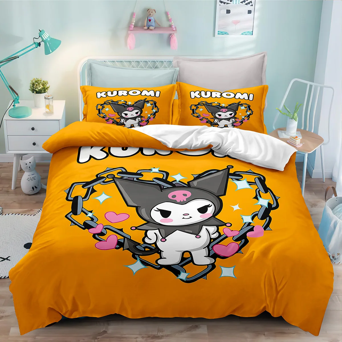 Imagem -05 - Sanrio Cartoon Kuromi Conjunto de Cama de Três Peças Decoração do Quarto Capa de Edredão Confortável Fronha de Casa Bonito