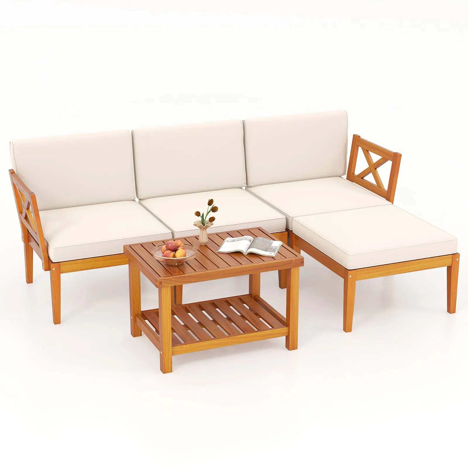 5 PCS Acacia Wood Patio Furniture Set w/ 2-Tier Coffee Table and Cushions