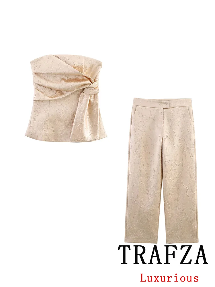 

TRAFZA Casual Chic Solid Suits Strapless Sleeveless Pleat Slim Short Vest Straight Loose Pants Fashion 2025 Spring Summer Sets