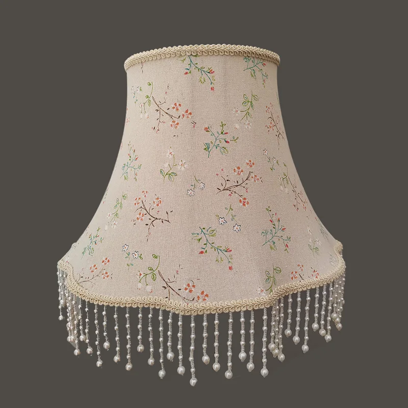 French Chinese cotton and linen printed fabric hanging beads decorative table lamp shade orange flower blooming pattern special-
