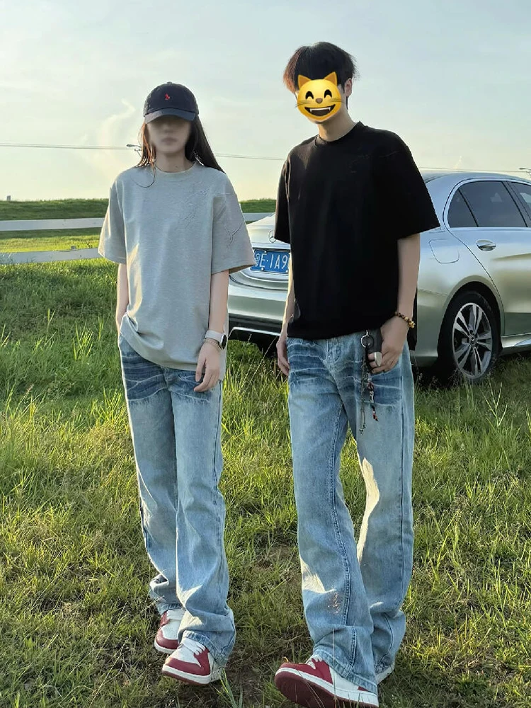 

Light Blue Lightning Pattern Men's Summer Thin Straight Leg Jeans High Street Vibe CleanFit Slim Straight Cut Resistant Wear