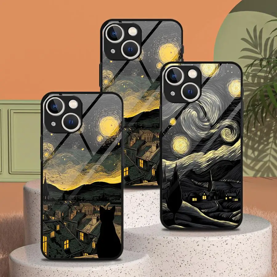 Glas-Handyhülle für iPhone 17 Pro Max 16 Air 11 12 13 14 8 15 Plus XR Retro Van Gogh