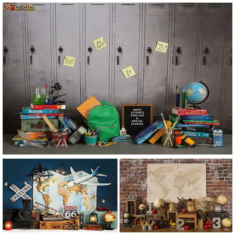 

Mocsicka Graduation Season Photography Backgrounds Bookbags Maps Vintage Wall Backdrops Kids Happy Birthday Photo Banner Studio