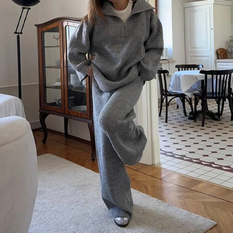 2025 Women's New Autumn Winter Collared Half Zip Ribbed Knit 2-Piece Set Oversized Wide Leg Pants Fashion Sweater Suit